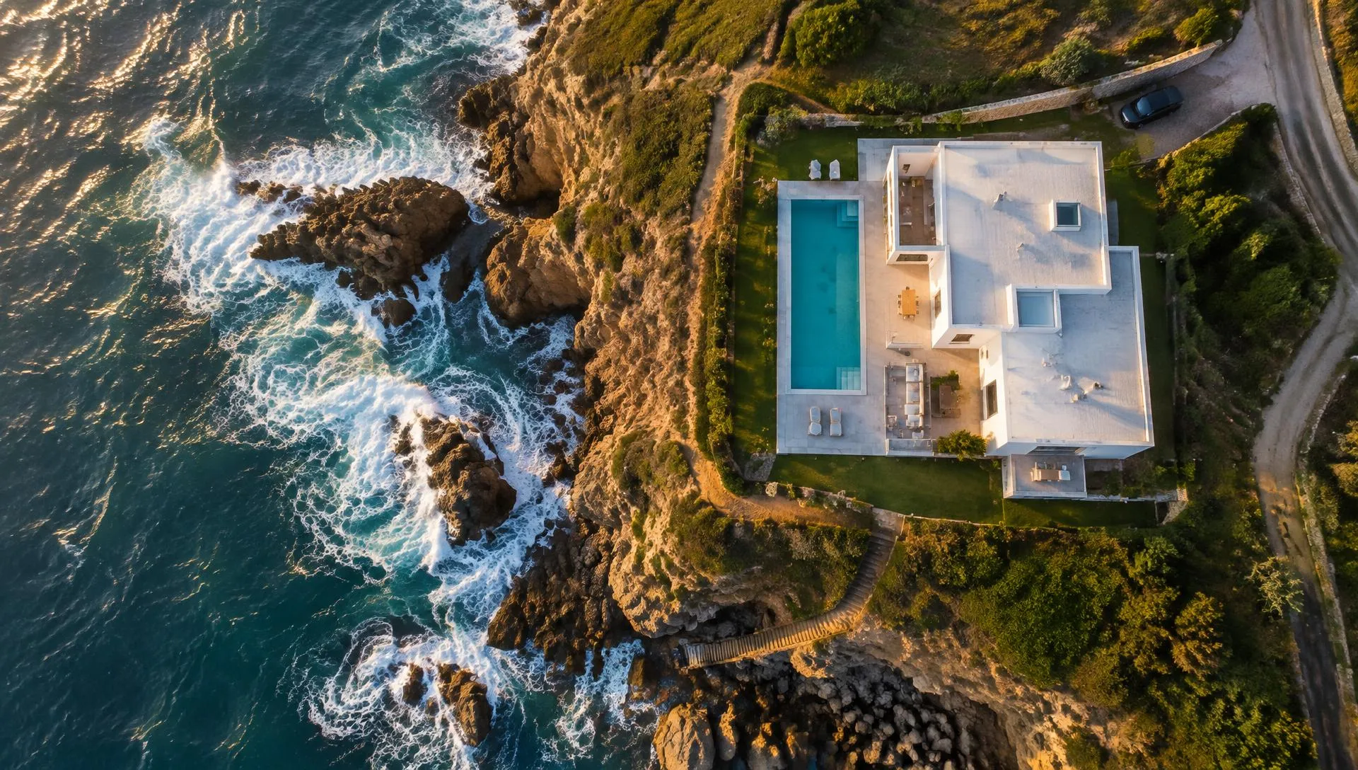 Aerial top-down view at golden hour of a white flat-roof villa with pool on the cliffs between Cascais and Guincho