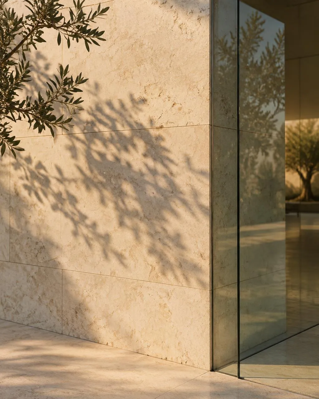 Pale limestone wall meeting a frameless glass corner in raking evening light, with an olive branch shadow