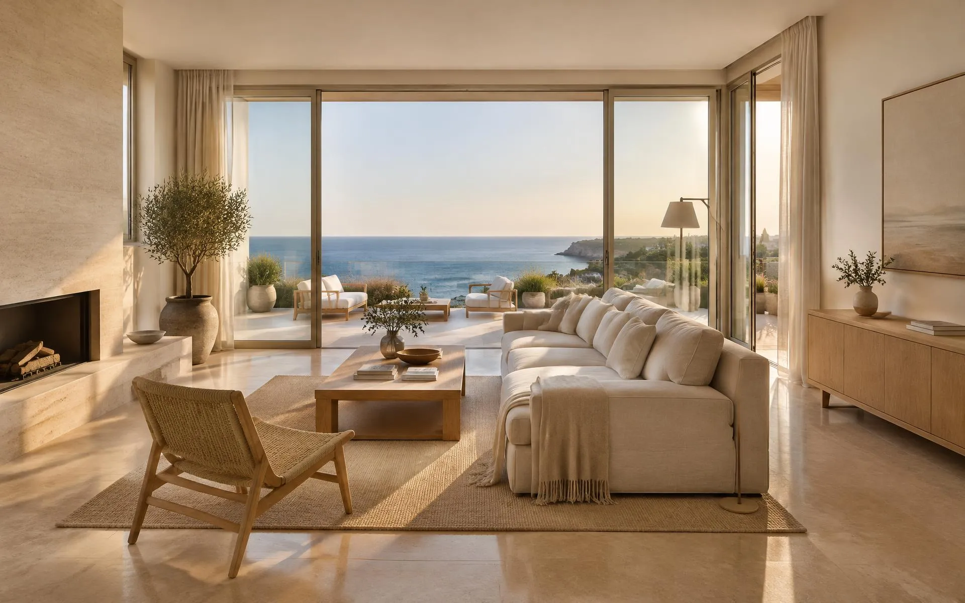 Minimalist living room in a Cascais villa with travertine floor, ivory linen sofa and glass doors open to an Atlantic terrace