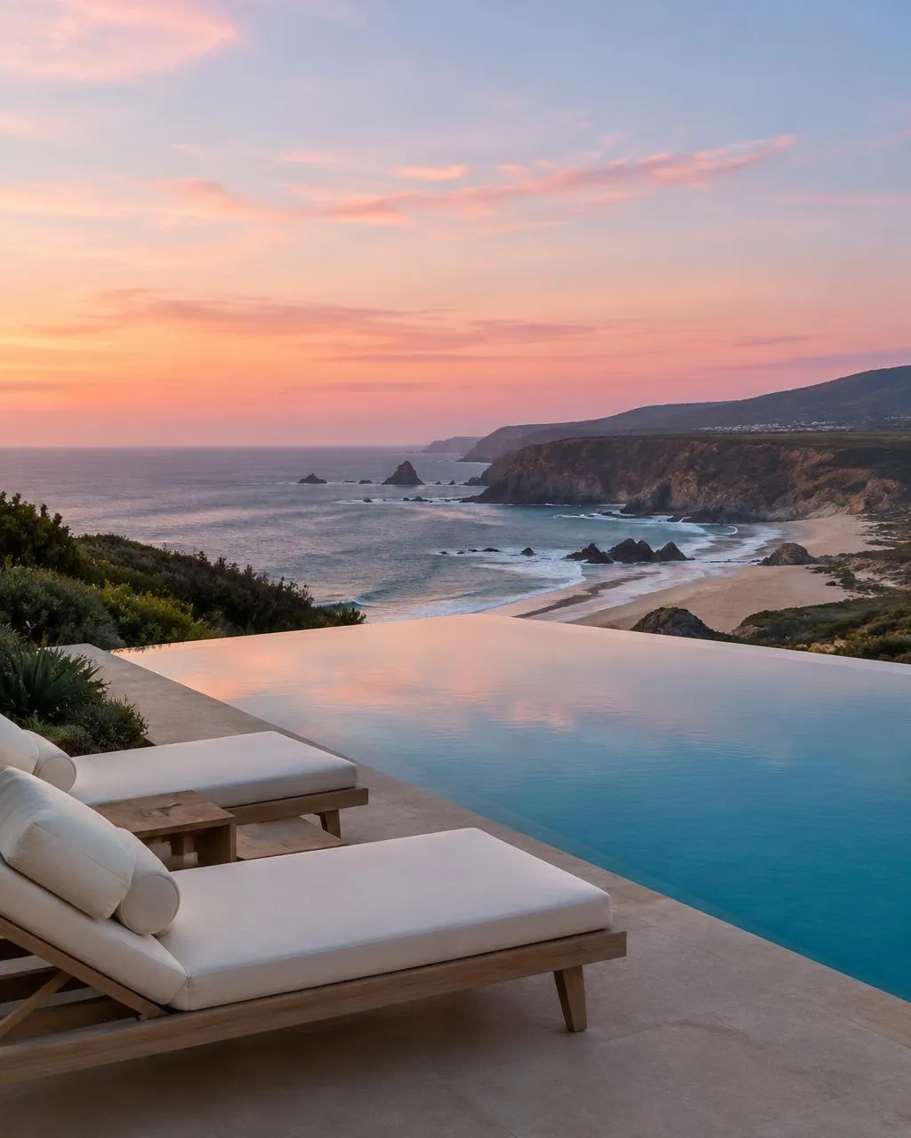Infinity pool at dusk above Guincho with ivory loungers and the coastline below