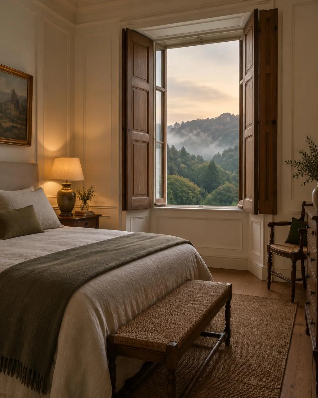 Bedroom in a restored historic quinta in Sintra with tall wooden shutters, ivory panelling and misty forest outside